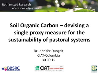 Rothamsted Research
where knowledge grows
Rothamsted Research
where knowledge grows
Dr Jennifer Dungait
CIAT-Colombia
30 09 15
Soil Organic Carbon – devising a
single proxy measure for the
sustainability of pastoral systems
 