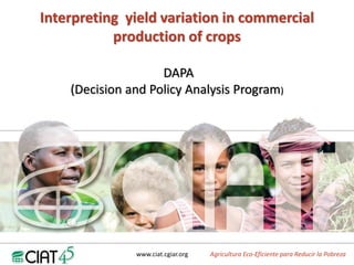 www.ciat.cgiar.org Agricultura Eco-Eficiente para Reducir la Pobrezawww.ciat.cgiar.org Agricultura Eco-Eficiente para Reducir la Pobreza
Interpreting yield variation in commercial
production of crops
DAPA
(Decision and Policy Analysis Program)
 