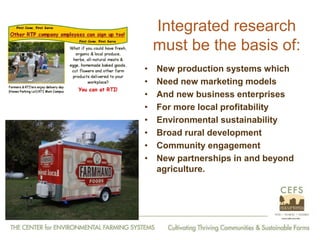 From Farm to Fork: The 20 year journey of the Center for Environmental Farming Systems (CEFS), a collaboration of the two land grant universities and the state department of agriculture in North Carolina, USA."   