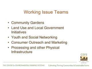 From Farm to Fork: The 20 year journey of the Center for Environmental Farming Systems (CEFS), a collaboration of the two land grant universities and the state department of agriculture in North Carolina, USA."   