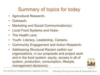 From Farm to Fork: The 20 year journey of the Center for Environmental Farming Systems (CEFS), a collaboration of the two land grant universities and the state department of agriculture in North Carolina, USA."   