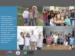 Gracias a todo el
equipo de Suelos-LAC
y trabajadores de
campo, gracias a
todos mis colegas
dentro del CIAT, y a los
socios del proyecto:
Cenicaña, Asocaña, y
Asobolo. Esta
investigación es parte
del programa de NSF
y USAID, Research
and Innovation
Fellowship.
 