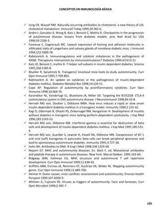 CONCEPTOS EN INMUNOLOGÍA BÁSICA
105
✓ lving CR, Wassef NM. Naturally occurring antibodies to cholesterol: a new theory of LDL
cholesterol metabolism. Immunol Today 1999;20:362-6.
✓ Andre I, González A, Wang B, Katz J, Benoist C, Mathis D. Checkpoints in the progression
of autoimmune disease: lessons from diabetes models. proc Natl Acad Sci USA
1996;93:2260-3.
✓ Faveeuw C, Gagnerault MC. Lepault expression of homing and adhesion molecules in
infiltrated islets of Langerhans and salivary glands of nonobese diabetic mice. J Immunol
1994;152:5969-78.
✓ Rabinovitch A. Immunoregulatory and cytokine imbalances in the pathogenesis of
IDDM. Therapeutic intervention by immunostimulation? Diabetes 1994;43:613-21.
✓ Katz JD, Benoist C, mathis D. T helper cell subsets in insulin-dependent diabetes. Science
1995;268:1185-8.
✓ Mueller R, Sarvetnick N. Transgenic/ knockout mice-tools to study autoimmunity. Curr
Opin Immunol 1995;7:799-803.
✓ Rabinovitch A. An update on cytokines in the pathogenesis of insulin-dependent
diabetes mellitus. Diabetes Metabol Res 1998;14:129-51.
✓ Cope AP. Regulation of autoimmunity by proinflammatory cytokines. Curr Opin
Immunol 1998;10:669-76.
✓ Karandikar NJ, Vanderlugt CL, Bluestone JA, Miller SD. Targeting the B7/CD28: CTLA-4
costimulatory system in CNS autoimmune disease. J Neuroimmunol 1998,89:10-8.
✓ Herrath MG von, Dockter J, Oldstone MBA. How virus induces a rapid or slow onset
insulin-dependent diabetes mellitus in a transgenic model. Immunity 1994;1:231-42.
✓ Kagi D, Odermatt B, Ohashi PS, Zinkernagel RM, Hengartner H. Development of insulitis
without diabetes in transgenic mice lacking perforin-dependent cytotoxicity. J Exp Med
1996;183:2143-52.
✓ Herrath MG von, Oldstone MB. Interferon-gamma is essential for destruction of beta
cells and development of insulin-dependent diabetes mellitus. J Exp Med 1997;185:531-
9.
✓ Herrath MG von, Guerder S, Lewicki H, Flavell RA, Oldstone MB. Coexpression of B7-1
and viral (self) transgenes in pancreatic beta cells can break peripheral ignorance and
lead to spontaneous autoimmune diabetes. Immunity 1995;3:727-38.
✓ Hahn BH. Antibodies to DNA. N Engl J Med 1998;338:1359-68.
✓ Nepom GT. MHC and autoimmunity diseases. En: Bach F, ed. Monoclonal antibodies
and peptide therapy in autoimmune diseases. New York: Marcel Dekker, 1992:143-64.
✓ Ridgway WM, Fathman CG. MHC structure and autoimmune T cell repertoire
development. Curr Opin Immunol 1999;11:638-42.
✓ Griffiths MM, Encinas JA, Remmers EF, Kuchroo VK, Wilder RL. Mapping autoimmunity
genes. Curr Opin Immunol 1999;11:689-700.
✓ Heimer H. Outer causes, inner conflicts: environment and autoimmunity. Environ Health
Perspect 1999;107:A504-9.
✓ Whitton JL, Fujinami RS. Viruses as triggers of autoimmunity: facts and fantasies. Curr
Opin Microbiol 1999;2:392-7.
 