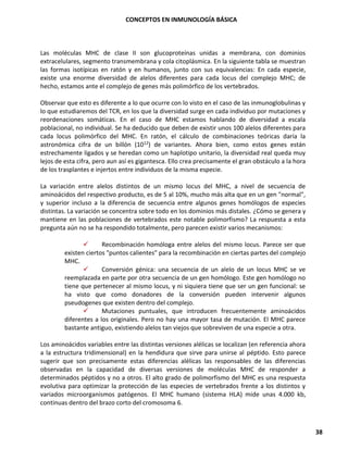 CONCEPTOS EN INMUNOLOGÍA BÁSICA
38
Las moléculas MHC de clase II son glucoproteínas unidas a membrana, con dominios
extracelulares, segmento transmembrana y cola citoplásmica. En la siguiente tabla se muestran
las formas isotípicas en ratón y en humanos, junto con sus equivalencias: En cada especie,
existe una enorme diversidad de alelos diferentes para cada locus del complejo MHC; de
hecho, estamos ante el complejo de genes más polimórfico de los vertebrados.
Observar que esto es diferente a lo que ocurre con lo visto en el caso de las inmunoglobulinas y
lo que estudiaremos del TCR, en los que la diversidad surge en cada individuo por mutaciones y
reordenaciones somáticas. En el caso de MHC estamos hablando de diversidad a escala
poblacional, no individual. Se ha deducido que deben de existir unos 100 alelos diferentes para
cada locus polimórfico del MHC. En ratón, el cálculo de combinaciones teóricas daría la
astronómica cifra de un billón (1012) de variantes. Ahora bien, como estos genes están
estrechamente ligados y se heredan como un haplotipo unitario, la diversidad real queda muy
lejos de esta cifra, pero aun así es gigantesca. Ello crea precisamente el gran obstáculo a la hora
de los trasplantes e injertos entre individuos de la misma especie.
La variación entre alelos distintos de un mismo locus del MHC, a nivel de secuencia de
aminoácidos del respectivo producto, es de 5 al 10%, mucho más alta que en un gen "normal",
y superior incluso a la diferencia de secuencia entre algunos genes homólogos de especies
distintas. La variación se concentra sobre todo en los dominios más distales. ¿Cómo se genera y
mantiene en las poblaciones de vertebrados este notable polimorfismo? La respuesta a esta
pregunta aún no se ha respondido totalmente, pero parecen existir varios mecanismos:
✓ Recombinación homóloga entre alelos del mismo locus. Parece ser que
existen ciertos "puntos calientes" para la recombinación en ciertas partes del complejo
MHC.
✓ Conversión génica: una secuencia de un alelo de un locus MHC se ve
reemplazada en parte por otra secuencia de un gen homólogo. Este gen homólogo no
tiene que pertenecer al mismo locus, y ni siquiera tiene que ser un gen funcional: se
ha visto que como donadores de la conversión pueden intervenir algunos
pseudogenes que existen dentro del complejo.
✓ Mutaciones puntuales, que introducen frecuentemente aminoácidos
diferentes a los originales. Pero no hay una mayor tasa de mutación. El MHC parece
bastante antiguo, existiendo alelos tan viejos que sobreviven de una especie a otra.
Los aminoácidos variables entre las distintas versiones alélicas se localizan (en referencia ahora
a la estructura tridimensional) en la hendidura que sirve para unirse al péptido. Esto parece
sugerir que son precisamente estas diferencias alélicas las responsables de las diferencias
observadas en la capacidad de diversas versiones de moléculas MHC de responder a
determinados péptidos y no a otros. El alto grado de polimorfismo del MHC es una respuesta
evolutiva para optimizar la protección de las especies de vertebrados frente a los distintos y
variados microorganismos patógenos. El MHC humano (sistema HLA) mide unas 4.000 kb,
continuas dentro del brazo corto del cromosoma 6.
 