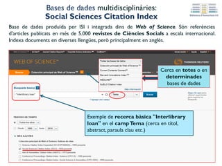 Bases de dades multidisciplinàries:
Social Sciences Citation Index
Base de dades produïda per ISI i integrada dins de Web of Science. Són referències
d'articles publicats en més de 5.000 revistes de Ciències Socials a escala internacional.
Indexa documents en diverses llengües, però principalment en anglés.
Cerca en totes o en
determinades
bases de dades
Exemple de recerca bàsica "Interlibrary
loan" en el campTema (cerca en títol,
abstract, paraula clau etc.)
 