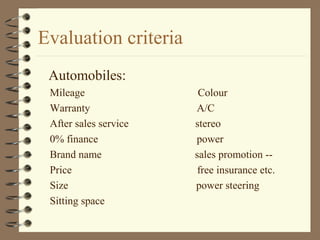 Evaluation criteria
Automobiles:
Mileage Colour
Warranty A/C
After sales service stereo
0% finance power
Brand name sales promotion --
Price free insurance etc.
Size power steering
Sitting space
 