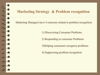 Marketing Strategy & Problem recognition
Marketing Managers have 4 concerns related to problem recognition
1) Discovering Consumer Problems.
2) Responding to consumer Problems
3)Helping consumers recognize problems
4) Suppressing problem recognition
 