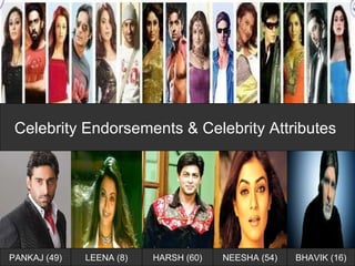 Celebrity Endorsements & Celebrity Attributes  PANKAJ (49) NEESHA (54) BHAVIK (16) HARSH (60) LEENA (8) 