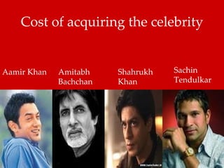 Cost of acquiring the celebrity Aamir Khan Amitabh Bachchan Shahrukh Khan Sachin Tendulkar 