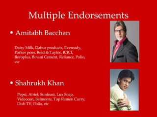 Multiple Endorsements Amitabh Bacchan Shahrukh Khan Dairy Milk, Dabur products, Eveready, Parker pens, Reid & Taylor, ICICI, Boroplus, Binani Cement, Reliance, Polio, etc Pepsi, Airtel, Sunfeast, Lux Soap, Videocon, Belmonte, Top Ramen Curry, Dish TV, Polio, etc 