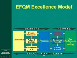 © 1001
SynerChange
INTERNATIONAL n.v.
EFQM Excellence Model
Policy &
Strategy
Partnership
s &
Resources
Processes
People
Results
Customer
Results
Society
Results
Key
Performanc
e
Results
E N A B L E R S R E S U L T S
I N N O V A T I O N A N D L E A R N I N
G
People
Manageme
nt
Leadership
 
