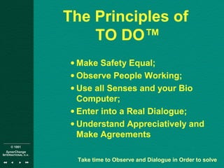 © 1001
SynerChange
INTERNATIONAL n.v.
The Principles of
TO DO™
• Make Safety Equal;
• Observe People Working;
• Use all Senses and your Bio
Computer;
• Enter into a Real Dialogue;
• Understand Appreciatively and
Make Agreements
Take time to Observe and Dialogue in Order to solve
 