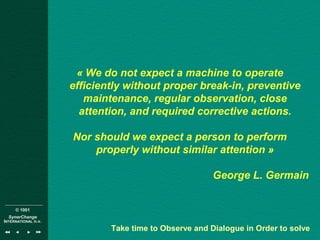 © 1001
SynerChange
INTERNATIONAL n.v.
« We do not expect a machine to operate 
efficiently without proper break-in, preventive 
maintenance, regular observation, close 
attention, and required corrective actions.
Nor should we expect a person to perform 
properly without similar attention »
George L. Germain
Take time to Observe and Dialogue in Order to solve
 