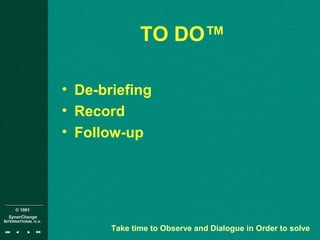 © 1001
SynerChange
INTERNATIONAL n.v.
TO DO™
• De-briefing
• Record
• Follow-up
Take time to Observe and Dialogue in Order to solve
 