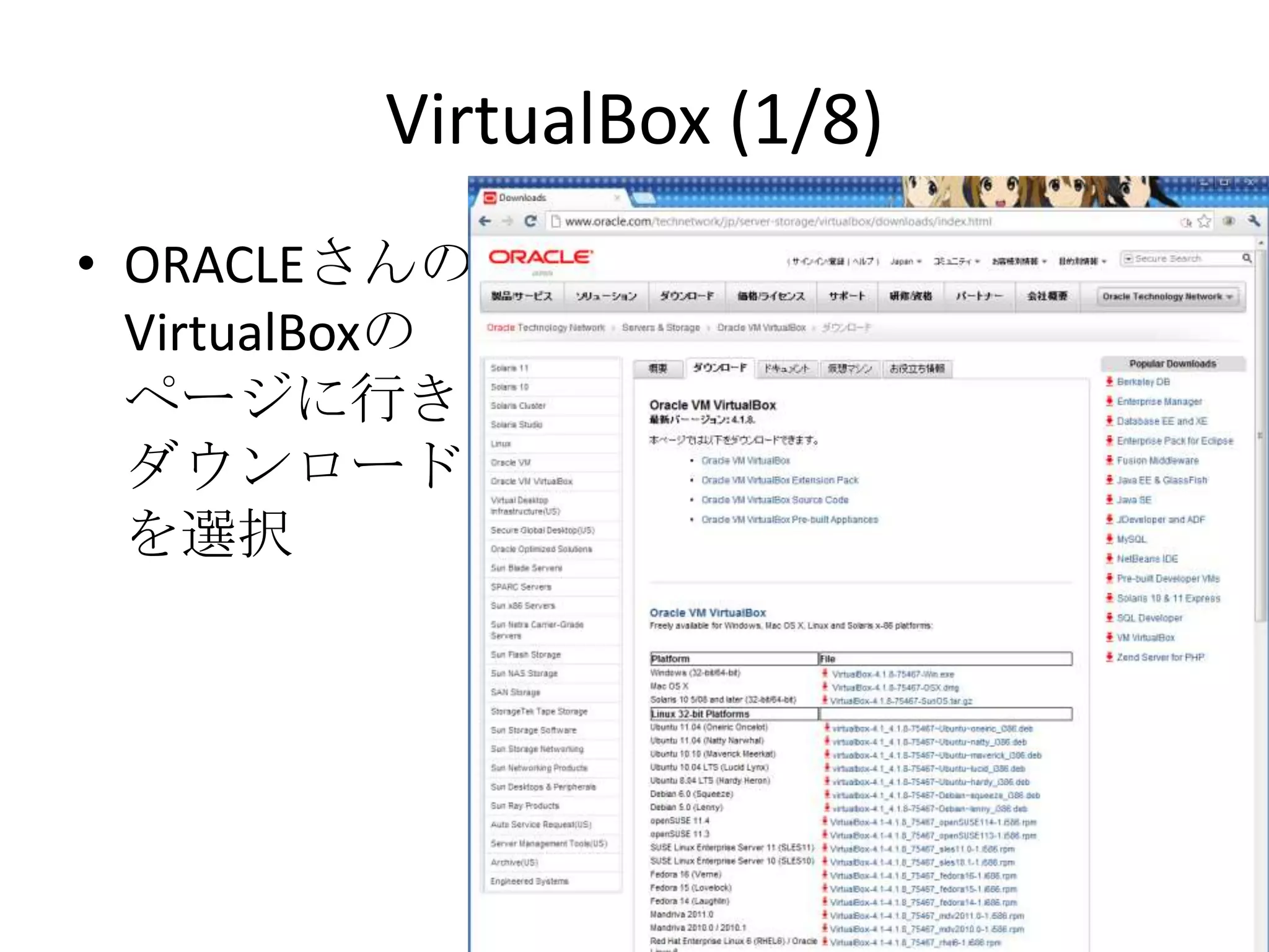 VirtualBox (1/8)
• ORACLEさんの
  VirtualBoxの
  ページに行き
  ダウンロード
  を選択
 
