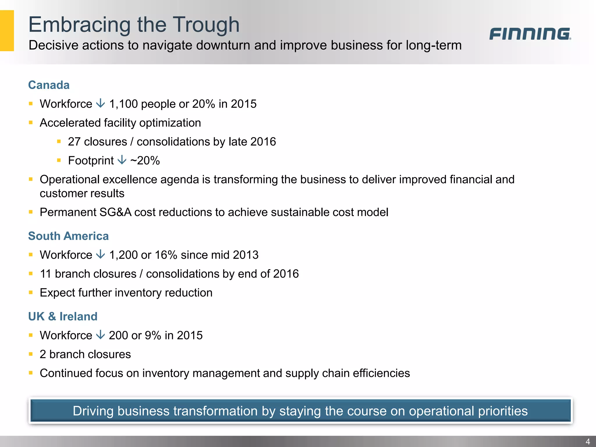 Embracing the Trough
4
Decisive actions to navigate downturn and improve business for long-term
Canada
 Workforce  1,100 people or 20% in 2015
 Accelerated facility optimization
 27 closures / consolidations by late 2016
 Footprint  ~20%
 Operational excellence agenda is transforming the business to deliver improved financial and
customer results
 Permanent SG&A cost reductions to achieve sustainable cost model
South America
 Workforce  1,200 or 16% since mid 2013
 11 branch closures / consolidations by end of 2016
 Expect further inventory reduction
UK & Ireland
 Workforce  200 or 9% in 2015
 2 branch closures
 Continued focus on inventory management and supply chain efficiencies
Driving business transformation by staying the course on operational priorities
 