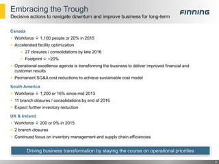 Embracing the Trough
4
Decisive actions to navigate downturn and improve business for long-term
Canada
 Workforce  1,100 people or 20% in 2015
 Accelerated facility optimization
 27 closures / consolidations by late 2016
 Footprint  ~20%
 Operational excellence agenda is transforming the business to deliver improved financial and
customer results
 Permanent SG&A cost reductions to achieve sustainable cost model
South America
 Workforce  1,200 or 16% since mid 2013
 11 branch closures / consolidations by end of 2016
 Expect further inventory reduction
UK & Ireland
 Workforce  200 or 9% in 2015
 2 branch closures
 Continued focus on inventory management and supply chain efficiencies
Driving business transformation by staying the course on operational priorities
 