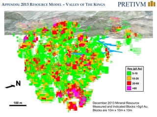 30
APPENDIX: 2013 RESOURCE MODEL – VALLEY OF THE KINGS
5-10
10-20
20-60
>60
Key (g/t Au)
December 2013 Mineral Resource
Measured and Indicated Blocks >5g/t Au.
Blocks are 10m x 10m x 10m
100 m
N
 
