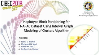 Minia University
Faculty of Engineering
Biomedical Engineering Department
Haplotype Block Partitioning for
NARAC Dataset Using Interval Graph
Modeling of Clusters Algorithm
Authors:
Fatma S. Ibrahim
Mohamed N. Saad
Ashraf M. Said
Hesham F. A. Hamed
 