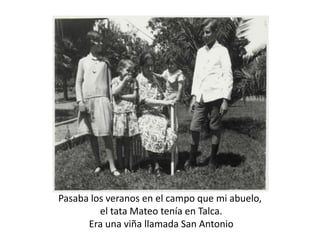 Pasaba los veranos en el campo que mi abuelo, el tata Mateo tenía en Talca. Era una viña llamada San Antonio