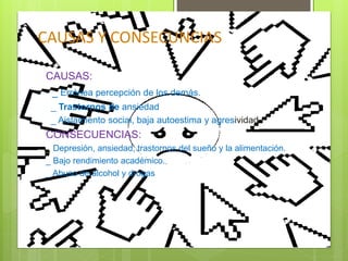 CAUSAS Y CONSECUNCIAS
CAUSAS:
- _ Errónea percepción de los demás.
_ Trastornos de ansiedad
_ Aislamiento social, baja autoestima y agresividad
CONSECUENCIAS:
_ Depresión, ansiedad, trastornos del sueño y la alimentación.
_ Bajo rendimiento académico.
_ Abuso de alcohol y drogas
 