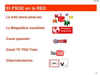 El PSOE en la RED La web (www.psoe.es) La Blogosfera socialista  Canal ippsoetv Canal TV YOU Tube Cibervoluntarios 