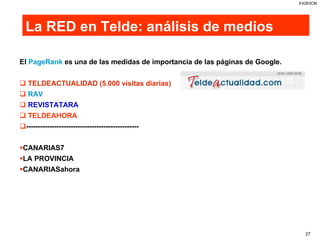 La RED en Telde: análisis de medios El  PageRank  es una de las medidas de importancia de las páginas de Google.  TELDEACTUALIDAD (5.000 visitas diarias) RAV REVISTATARA TELDEAHORA ------------------------------------------------ CANARIAS7 LA PROVINCIA CANARIASahora 