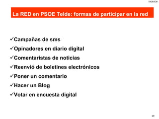 La RED en PSOE Telde: formas de participar en la red Campañas de sms Opinadores en diario digital Comentaristas de noticias Reenvió de boletines electrónicos Poner un comentario Hacer un Blog Votar en encuesta digital 