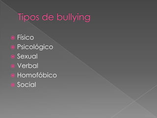  Físico
Psicológico
Sexual
Verbal
Homofóbico
Social