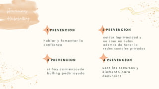 h a b l a r y f o m e n t a r l a
c o n f i a n z a
c u i d a r l a p r i v a c i d a d y
n o c a e r e n b u l o s
a d e m a s d e t e n e r l a
r e d e s s o c i a l e s p r i v a d a s
s i h a y c o m i e n z o s d e
b u l l i n g p e d i r a y u d a
u s a r l o s r e c u r s o s y
e l e m e n t o p a r a
d e n u n c i a r
1 P R E V E N C I O N 2 P R E V E N C I O N
3 P R E V E N C I O N 4 P R E V E N C I O N
ptreevenciones
delcibebulling
 