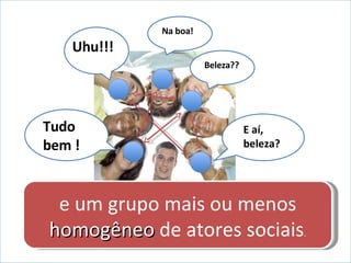 Algumas redes sociais nascem da  conversação  entre os atores sociais.  São geralmente  pequenas , associadas a uma  maior intimidade , laços sociais  mais fortes , e um grupo mais ou menos  homogêneo  de atores sociais . E aí, beleza? Beleza?? Uhu!!! Tudo bem !  Na boa! 