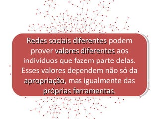 Redes sociais diferentes  podem prover  valores diferentes  aos indivíduos que fazem parte delas. Esses valores dependem não só da  apropriação , mas igualmente das  próprias ferramentas . 