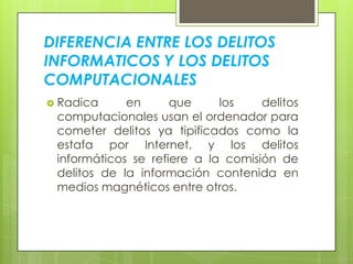 DIFERENCIA ENTRE LOS DELITOS
INFORMATICOS Y LOS DELITOS
COMPUTACIONALES
 Radica     en      que     los    delitos
 computacionales usan el ordenador para
 cometer delitos ya tipificados como la
 estafa por Internet, y los delitos
 informáticos se refiere a la comisión de
 delitos de la información contenida en
 medios magnéticos entre otros.
 