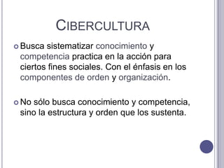 CiberculturaBusca sistematizar conocimiento y competencia practica en la acción para ciertos fines sociales. Con el énfasis en los componentes de orden y organización. No sólo busca conocimiento y competencia, sino la estructura y orden que los sustenta. 