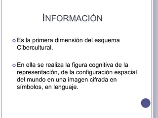 Información Es la primera dimensión del esquema Cibercultural. En ella se realiza la figura cognitiva de la representación, de la configuración espacial del mundo en una imagen cifrada en símbolos, en lenguaje. 