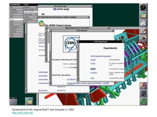 Screenshot of the original NeXT web browser in 1993
http://info.cern.ch/
 