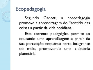 Ecopedagogia
Segundo Gadotti, a ecopedagogia
promove a aprendizagem do “sentido das
coisas a partir da vida cotidiana”.
Esta corrente pedagógica permite ao
educando uma aprendizagem a partir da
sua percepção enquanto parte integrante
do meio, promovendo uma cidadania
planetária.
 