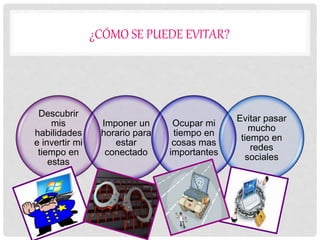 ¿CÓMO SE PUEDE EVITAR?
Descubrir
mis
habilidades
e invertir mi
tiempo en
estas
Imponer un
horario para
estar
conectado
Ocupar mi
tiempo en
cosas mas
importantes
Evitar pasar
mucho
tiempo en
redes
sociales
 