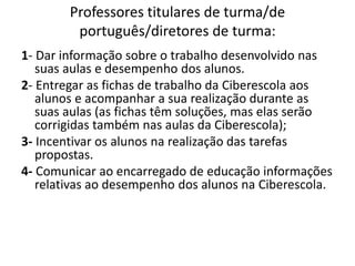 Professores titulares de turma/de 
português/diretores de turma: 
1- Dar informação sobre o trabalho desenvolvido nas 
suas aulas e desempenho dos alunos. 
2- Entregar as fichas de trabalho da Ciberescola aos 
alunos e acompanhar a sua realização durante as 
suas aulas (as fichas têm soluções, mas elas serão 
corrigidas também nas aulas da Ciberescola); 
3- Incentivar os alunos na realização das tarefas 
propostas. 
4- Comunicar ao encarregado de educação informações 
relativas ao desempenho dos alunos na Ciberescola. 
 