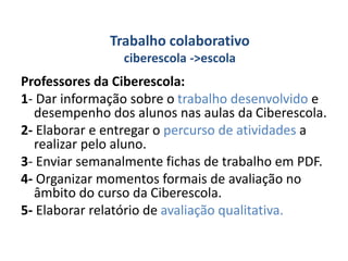 Trabalho colaborativo
ciberescola ->escola
Professores da Ciberescola:
1- Dar informação sobre o trabalho desenvolvido e
desempenho dos alunos nas aulas da Ciberescola.
2- Elaborar e entregar o percurso de atividades a
realizar pelo aluno.
3- Enviar semanalmente fichas de trabalho em PDF.
4- Organizar momentos formais de avaliação no
âmbito do curso da Ciberescola.
5- Elaborar relatório de avaliação qualitativa.
 