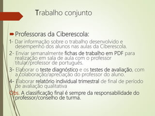 Trabalho conjunto
Professoras da Ciberescola:
1- Dar informação sobre o trabalho desenvolvido e
desempenho dos alunos nas aulas da Ciberescola.
2- Enviar semanalmente fichas de trabalho em PDF para
realização em sala de aula com o professor
titular/professor de português.
3- Elaborar o teste diagnóstico e os testes de avaliação, com
a colaboração/apreciação do professor do aluno.
4- Elaborar relatório individual trimestral de final de período
de avaliação qualitativa
Obs. A classificação final é sempre da responsabilidade do
professor/conselho de turma.
 