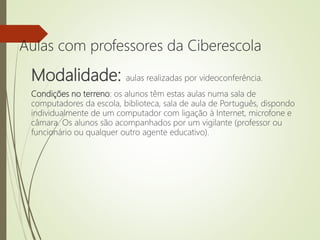 Aulas com professores da Ciberescola
Modalidade: aulas realizadas por videoconferência.
Condições no terreno: os alunos têm estas aulas numa sala de
computadores da escola, biblioteca, sala de aula de Português, dispondo
individualmente de um computador com ligação à Internet, microfone e
câmara. Os alunos são acompanhados por um vigilante (professor ou
funcionário ou qualquer outro agente educativo).
 