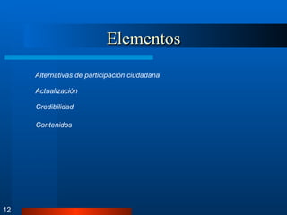 Elementos 12 Alternativas de participación ciudadana   Actualización   Credibilidad   Contenidos   
