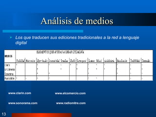 Análisis de medios   Los que traducen sus ediciones tradicionales a la red a lenguaje digital 13 www.clarin.com www.elcomercio.com www.sonorama.com www.radiomitre.com 