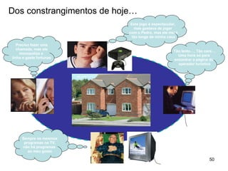 Dos constrangimentos de hoje… Sempre os mesmos programas na TV,  não há programas  ao meu gosto Este jogo é espectacular,  mas gostava de jogar  com o Pedro, mas ele mora tão longe de minha casa Preciso fazer uma chamada, mas ela  monopoliza a  linha e gasta fortunas Tão lento…, Tão cara… Uma hora só para  encontrar a página do  operador turístico 