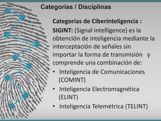 Categorías / Disciplinas
Categorías de	Ciberinteligencia	:
SIGINT:	(Signal	intelligence)	es	la	
obtención	de	inteligencia	mediante	la	
interceptación	de	señales sin	
importar	la	forma	de	transmisión	 y	
comprende	una	combinación	de:
• Inteligencia	de	Comunicaciones	
(COMINT)
• Inteligencia	Electromagnética
(ELINT)
• Inteligencia	Telemétrica	(TELINT)
 