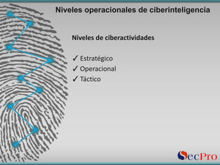 Niveles	de	ciberactividades
✓Estratégico
✓Operacional
✓Táctico	
Niveles operacionales de ciberinteligencia
 