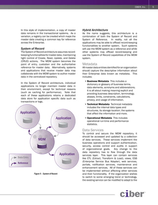 CIBER, Inc.   5




  In this style of implementation, a copy of master       Hybrid Architecture
  data remains in the transactional systems. As a         As the name suggests, this architecture is a
  variation, a registry can be created which maps the     combination of both the System of Record and
  master data creating a common key for reference         System of Reference. In reality, not all the
  across the Enterprise.                                  applications may be able to offload record-keeping
                                                          functionalities to another system. Such systems
  System of Record                                        will use the MDM system as a reference and while
  The System of Record architecture assumes record-       other systems may offload record-keeping and
  keeping functionalities for master data, maintaining    use the System of Record capabilities of the MDM
  tight control of Create, Read, Update, and Delete       system.
  (CRUD) actions. The MDM system becomes the
  point of entry, custodian and the authoritative         Metadata
  reference for master data. Alternatively, systems       All master data entities identified for an organization
  and applications that receive master data may           should capture the descriptive information about
  collaborate with the MDM system to author master        their Enterprise data known as metadata. This
  data in the centralized repository.                     includes:
                                                            •	Business	Metadata		This includes a
  In the System of Record architecture, individual
                                                              dictionary or glossary of business terms,
  applications no longer maintain master data in
                                                              data elements, acronyms and abbreviations.
  their environment, except for technical reasons
                                                              It is all about making meaning explicit and
  (such as caching for performance). Note that
                                                              providing business description, terminology,
  each of these applications retains a dedicated
                                                              aliases, limits, constraints, calculations,
  data store for application specific data such as
                                                              privacy, and usage of information.
  transactions or logs.
                                                            •	Technical	Metadata		Technical metadata
                                                              includes the internal data types and
                                                              structures, its storage location, the systems
  Application                                                 that affect the information and more.
                                       Application          •	Operational	Metadata		This includes
                                                              operational run-time and performance
                                                              statistics.

                                                          Data Services
                                                          To control and secure the MDM repository, it
                                                          should be accessed and updated by a collection
                  MDM                                     of data services. These services implement the
                                                          business operations and support authentication,
                                                          security, access control and audits in support
                                                          of organizational goals. Any change to the
                                                          data repository has to flow through the data
                                            Application   services layer. This layer can contain services
Data Entry                                                like ETL (Extract, Transform & Load), views, ESB
                                                          (Enterprise Service Bus Adapter), web services,
Reference
                                                          portals, notification services, maintenance and
                                                          enhancement services. All of these services can
                                                          be implemented without affecting other services
              Figure 4 – System of Record                 and their functionality. If the organization wishes
                                                          to switch to some emerging trend or technology,
                                                          the existing service can be modified to adapt to the
 