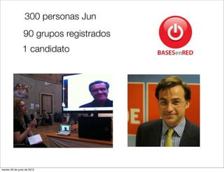 300 personas Jun
                 90 grupos registrados
                1 candidato




martes 26 de junio de 2012
 