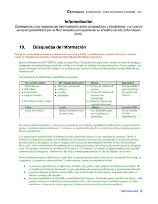 Cibernegocios - S.Samoilovich - Todos los derechos reservados - 2001
Infomediación
Corresponde a los negocios de intermediación entre compradores y vendedores, o a nuevos
servicios posibilitados por la Red, basados principalmente en el tráfico de bits (información
pura).
10. Búsquedas de Información
Esta es la primera tarea que realiza cualquiera al conectarse a la Web, y resulta simple y tentador ofrecerla a terceros.
Luego de intentarlo por un tiempo, el autor encontró algunas dificultades imprevistas.
Buscar información en INTERNET puede ser maravilloso. Se pueden buscar personas, usando un motor de búsqueda
cualquiera, consultando la guía telefónica on-line o los listados de titulares de correo electrónico. Como resultado, uno
puede encontrar a su novia de la infancia, a un viejo amigo, incluso a un desconocido pariente cercano dueño de una
multinacional.
La información de la Red tiene características especiales:
De variado origen De variada motivación Densa Interactiva
Generada por:
• Individuos
• Instituciones
• Grupos virtuales
• de cualquier edad y origen
• Intereses comerciales
• políticos
• sociales
• personales
• Cientos de millones de
páginas
• Cientos de millones de
mensajes en
newsgroups
• Miles de millones de
mensajes de e-mail
Con facilidades
para incorporar
los aportes del
usuario.
Libre Actual Abierta Gratuita 95%
No existe censura Desde instantánea hasta
de varios años.
Con facilidades para
ser actualizada y
expandida.
En su mayoría,
de libre
reproducción.
Se pueden analizar mercados, y enterarse por ejemplo de que en Rusia, Australia o Ecuador desean comprar materias
primas o productos industriales locales. Asimismo, se puede analizar la oferta existente de dichos productos por parte
de otros productores.
Los profesionales pueden hallar la información más actualizada respecto de los temas que les interesan. Desde el
Derecho a la Ingeniería, pasando por la Medicina y la Economía, miles de sitios, newsgroups y revistas electrónicas
proveen muchas más páginas de texto e imágenes que las que una persona puede absorber en una vida de trabajo.
Hasta aquí, todos son beneficios. Sin embargo, pocos hablan del tiempo y el esfuerzo que insume hacer una búsqueda
seria. Por ejemplo, encontrar un resultado valioso entre 33.555 inútiles; leer cientos de páginas publicitarias que dan
información en cuentagotas; o levantarse a las 3 de la mañana para entrar en un chat de España o de Taiwan.
Buscar información para el público no es nada fácil. A quienes quieran ofrecer este servicio, les puedo ofrecer algo de
experiencia y orientación como consultor. Y como anticipo, vayan estas recomendaciones:
• es necesario especializarse en algún tema limitado, para poder vender paquetes de información estándar. No
es rentable diversificarse demasiado, ya que cada búsqueda requiere mucho tiempo y personal especializado.
• es preciso disponer de buena conectividad, como la que brinda el cable modem, para poder aprovechar al
máximo el tiempo del operador.
• hay que estandardizar en lo posible la metodología de búsqueda, formando paquetes de diferente precio. Cada
paquete involucra la definición de tantas palabras clave, el examen de tantas cantidad de páginas en tantos
buscadores, el impreso de tantas páginas y la elaboración de un informe de tantas palabras.
Netic Infoservicios 32
 
